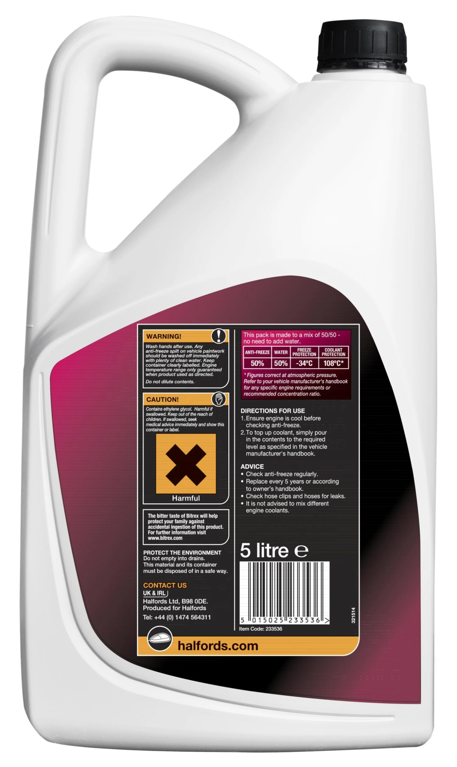 Halfords OAT Ready Mixed Antifreeze 5 Litres 4 Halfords OAT Ready Mixed Antifreeze 5 Litres - Image 2