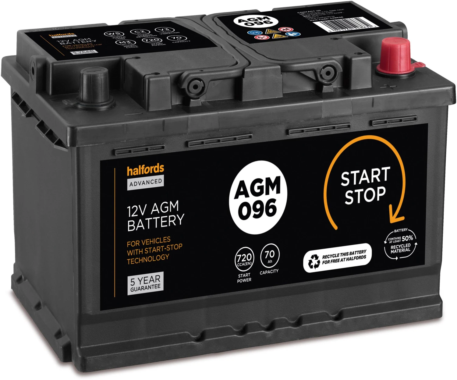 Halfords AGM096 Start/Stop 12V Car Battery 5 Year Guarantee 3 Halfords AGM096 Start/Stop 12V Car Battery 5 Year Guarantee