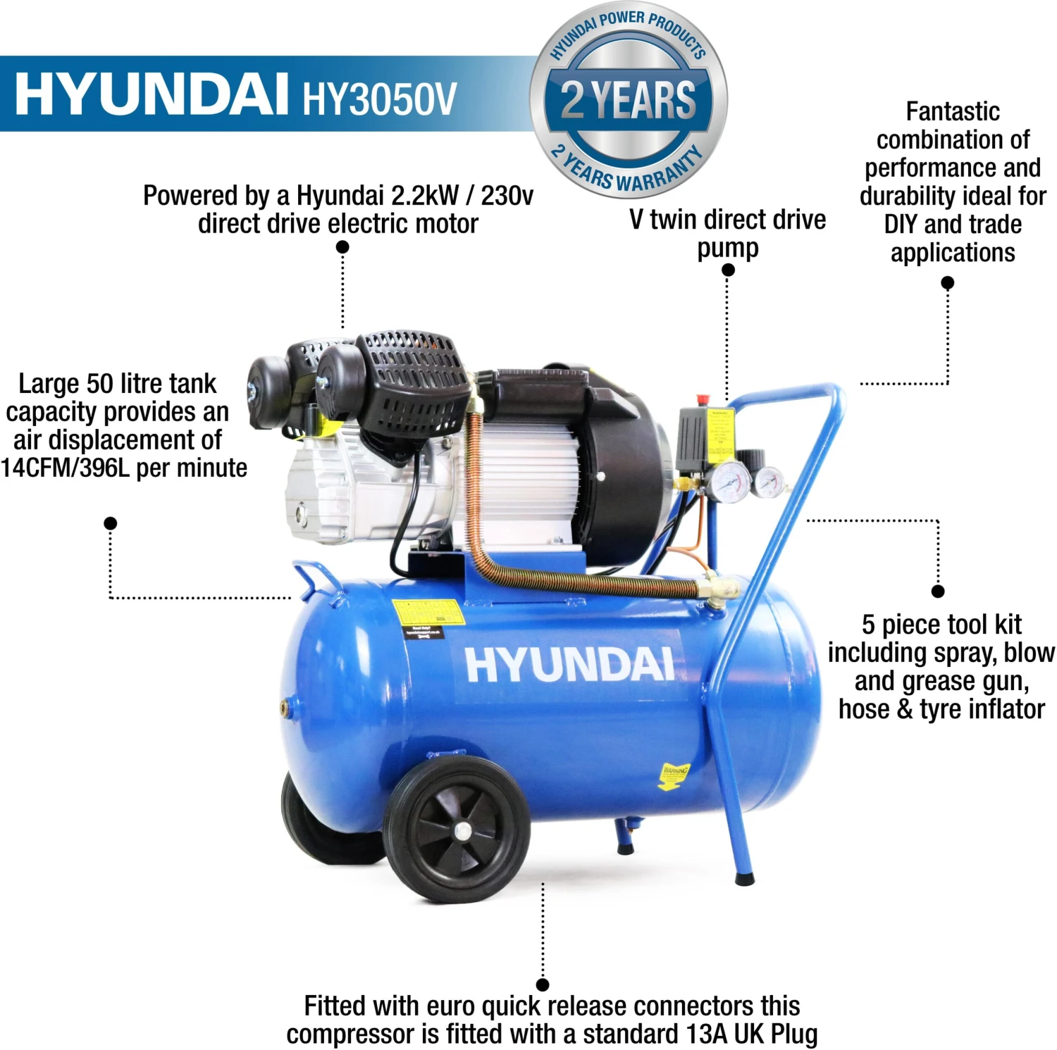Hyundai 50L Air Compressor, Direct Drive, 3HP 14 Hyundai 50L Air Compressor, Direct Drive, 3HP - Image 12