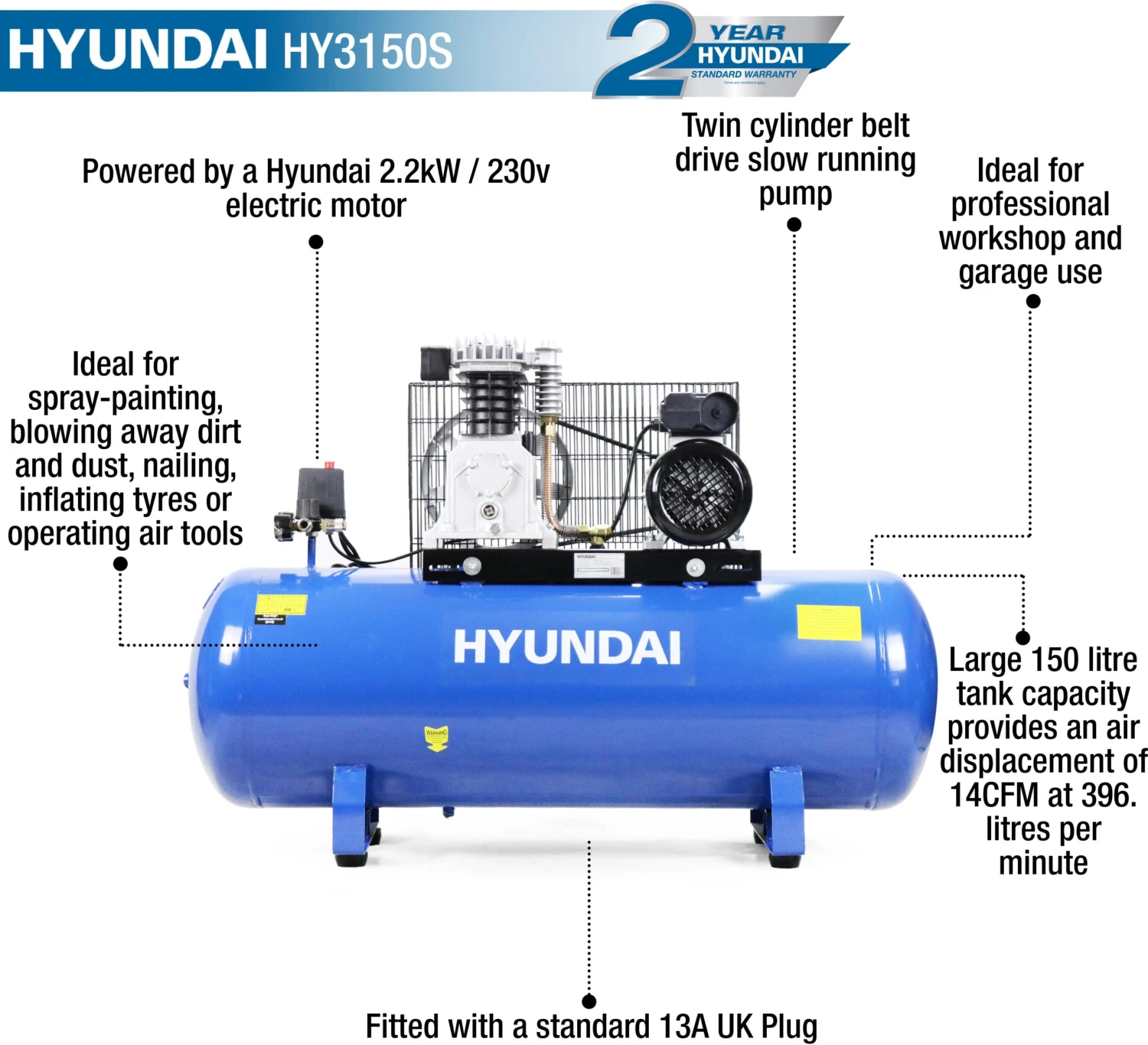 Hyundai 150L Air Compressor, 3hp 9 Hyundai 150L Air Compressor, 3hp - Image 7