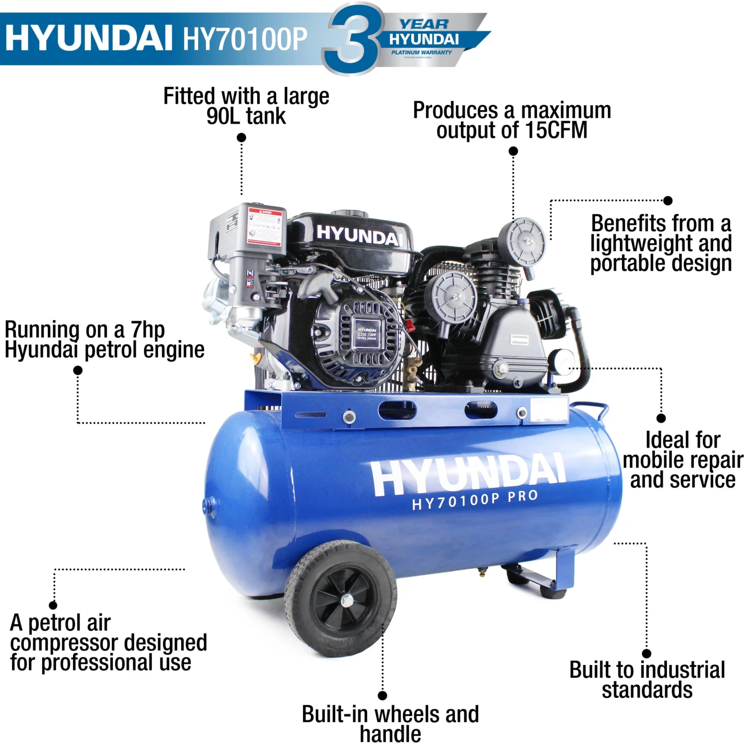 Hyundai 90L Air Compressor, Petrol, 7hp 14 Hyundai 90L Air Compressor, Petrol, 7hp - Image 12